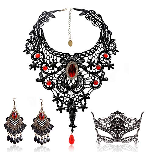 Conjunto de aretes y collar de encaje negro, gargantilla con colgante rojo Lolita de BagTu Gothic para disfraces de Halloween y bodas