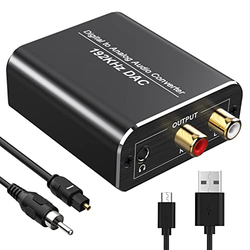 Convertidor Digital a Analógico, 192kHz DAC Audio Óptico Coaxial Toslink a Analógico Estéreo L/R y Jack 3.5mm con Cable Óptico para PS3 PS4 Xbox TV DVD