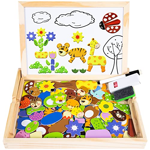 COOLJOY Puzzles Rompecabezas Magnéticos de Madera Juguete Educativo Tablero de Dibujo de Doble Cara para Niños Niña 3 Años 4 Años 5 Años - Acerca de 100 Piezas (Animal)