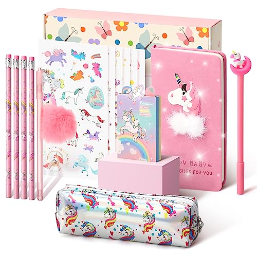 Cooyou Unicornios Regalo para Niñas 5 6 7 8 9 10 11 12 Años, Includere Estuche Escolar y Diario Secreto Niña y Pegatinas, Unicornio Papeleria y Juguetes para Niña, Rosa