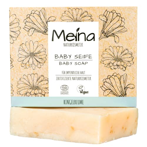Cosmética natural Meina, jabón para bebés con manzanilla y caléndula (1 x 110 g) 100 % naturales, vegano, bio y hecho a mano, cuidado corporal y facial