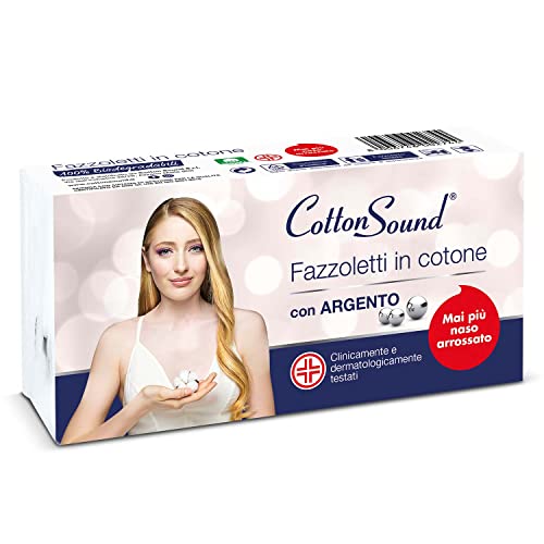 COTTON SOUND Plata, pañuelos de algodón, 6 paquetes x 8 pañuelos, 100% algodón hidrófilo, micropartículas de plata, acción antibacteriana natural, biodegradables, fabricado en Italia