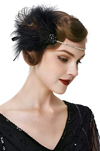 Coucoland Diadema para mujer de los años 20, estilo charlestón, estilo años 20, accesorio para disfraz de Gran Gatsby Negro Talla única