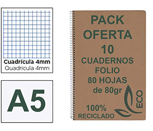 Cuadernos Reciclados Din A5 con Espiral Metálica Pack 10 Cuadernos de Papel Reciclado y 80 Hojas Cuadrícula 4mm Cuadernos Ecológicos de Hojas Recicladas Cuadernos A5 Cuarto Eco