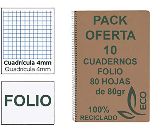 Cuadernos Reciclados Folio con Espiral Metálica Pack 10 Cuadernos de Papel Reciclado y 80 Hojas Cuadrícula 4mm Cuadernos Ecológicos de Hojas Recicladas Cuadernos A4 Folio A5 Eco