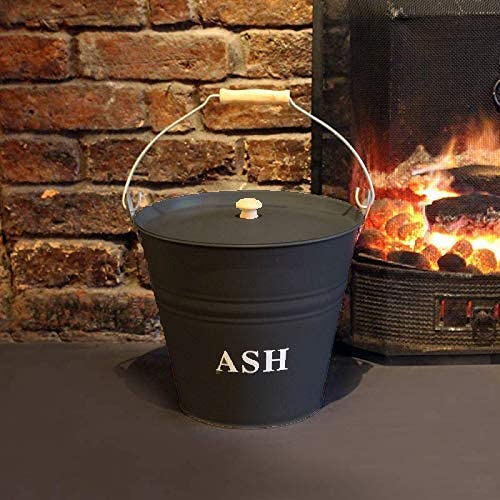 Cubo de ceniza formal de metal con tapa, color gris oscuro, capacidad de 12 litros, ideal para chimeneas, quemadores de leña y chimeneas de carbón
