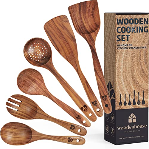 Cucharas de madera - Espátulas para cocinar. Set de Utensilios de Cocina. 100% Natural & Sin Tóxicos. Accesorios de Cocina con Agarre Cómodo. Menaje de Cocina para Sartenes Antiadherentes