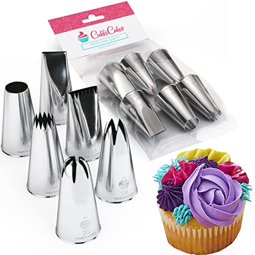 CukkiCakes Set de 6 Boquillas de Repostería Profesionales Grandes (1M, 2D, 4B, 1A, 124 y 895) para Manga Pastelera - Decoración y Elaboración de Cupcakes, Tartas, Churros, Croquetas - Made in Korea