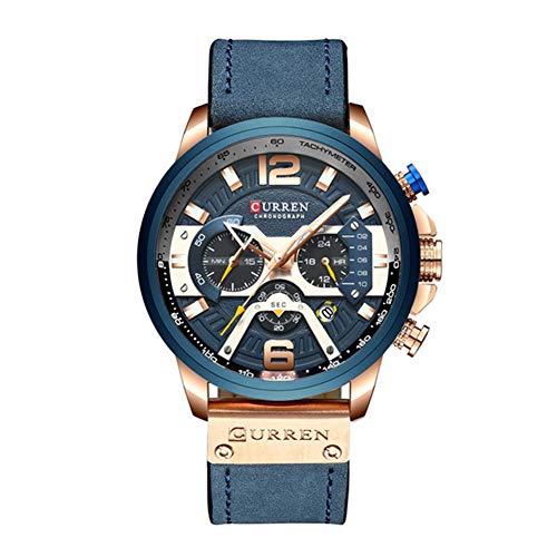 Curren Reloj de vestir para hombre con múltiples zonas horarias y fecha, correa de piel, reloj de quart azul 8329