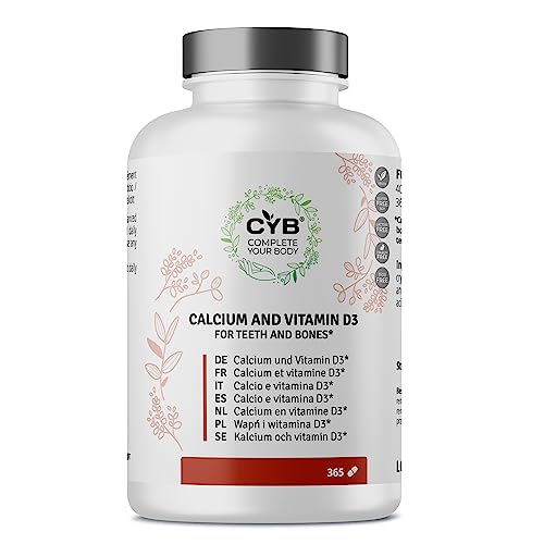 CYB | Calcio 800mg + Vitamina D - 365 Comprimidos Suministro para 6 Meses - Suplemento Diario con Calcio - Vitamina D - Vitamina D3 - Producto Vegetariano - Testeado en Laboratorio