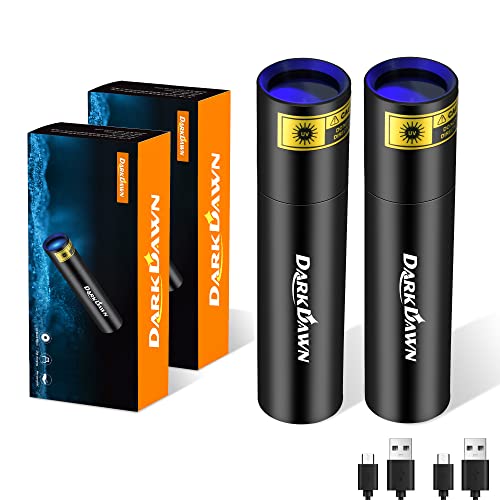 DARKDAWN UV 365nm Linterna Luz Negra Mini USB Recargable, Woods Lámpara Portátil LED Ultravioleta 370nm - Detector de Orina de Mascotas, Manchas, Dinero, Ámbar, Detección de Fugas, 365 nm Paquete de 2