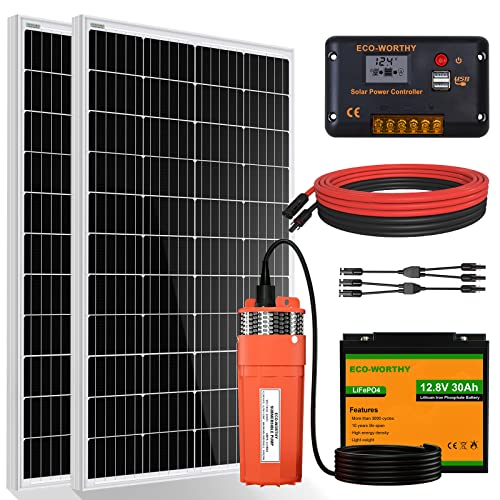 DCHOUSE Kit de bombas solares con respaldo a pilas, bomba de agua solar de 12 V + kit de panel solar de 240 W + batería de 30 Ah para pozos, riego, depósito de agua de llenado – Entrega en 2 paquetes