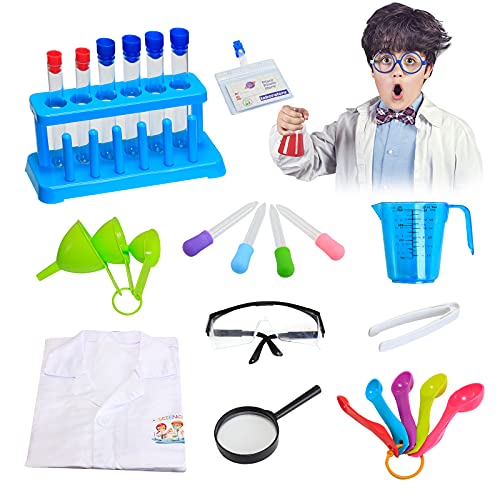 deAO Kit de experimentos de laboratorio científico para niños, kits de ciencia educativa, juego de rol para niños, kit de ciencia de laboratorio con gafas, bata de laboratorio, juguetes de regalo para