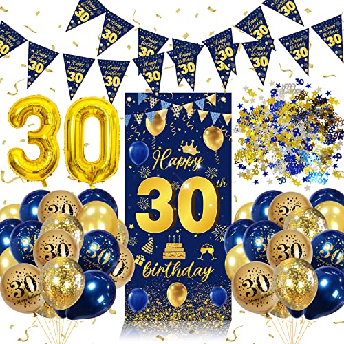 Decoracion 30 Cumpleaños Hombre,30 Años Feliz Cumpleaños Pancarta Azul Oro,Globos 30 Cumpleaños Fiesta,30 Confeti Cumpleaños,Pancarta 30 cumpleaños Fondo Cartel Photocall Fondo para Hombre y Mujere