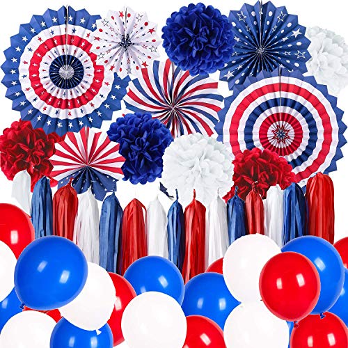 Decoración de fiesta con el día de la independencia de los Estados Unidos, 4 de julio, para fans de papel, globos rojos y azules, para fiestas de Estados Unidos, decoración de fiesta de despedida