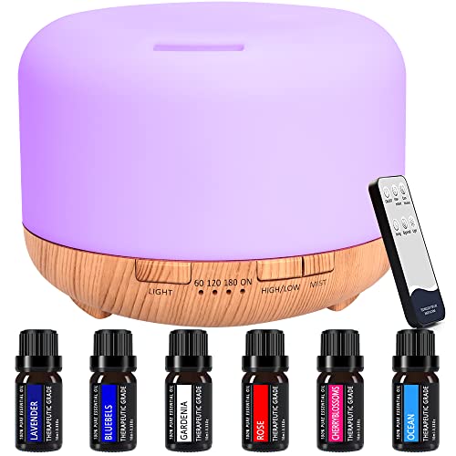 Difusor de aceites Esenciales, difusor de Aromas de 450 ml, Incluye 6 aceites Esenciales Puros de 10 ml, humidificador, difusor Ideal para aromaterapia con Modo de Niebla Regulable y LED de 7 Colores