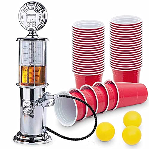 Dispensador de bebidas retro con diseño nostálgico cromado, surtidor de gasolina con manguera para fiestas, dispensador de cerveza, accesorios para fiestas (1 surtidor y 50 vasos)