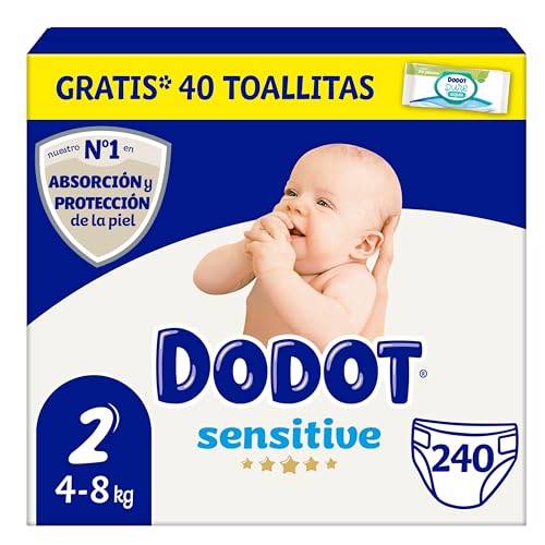 Dodot Pañales Bebé Sensitive Talla 2 (4-8 kg), 240 Pañales + 1 Pack de 40 Toallitas Gratis Cuidado Total Aqua, Óptima Protección de la Piel de Dodot, Pack Mensual