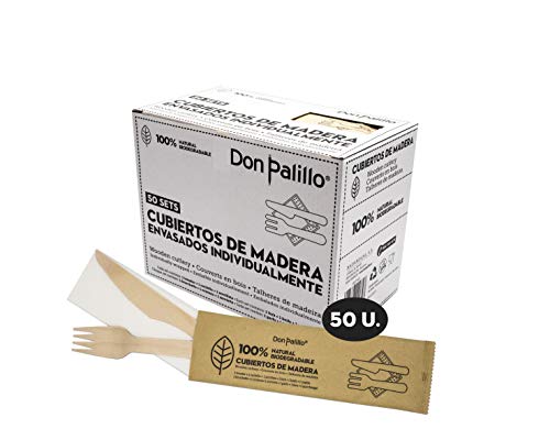 DON PALILLO- 50 Sets de cubiertos de madera desechable enfundados en papel kraft. Cada set contiene 1 tenedor + 1 cuchillo + 1 servilleta de papel