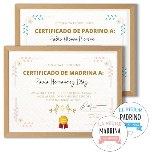Dreamers’P - 2 Certificados de Madrina y Padrino + 2 Sobres - Regalo Padrinos Bautizo - Recuerdos de Bautizo Madrinas - Tarjetas Personalizadas Detalles Bautizo Sopresa (PADRINO - MADRINA)