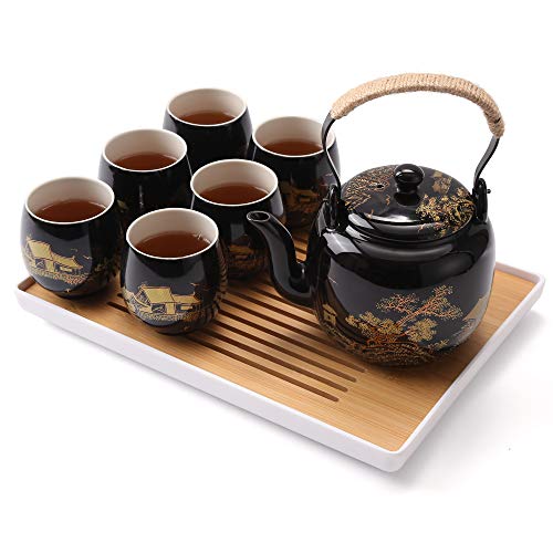 DUJUST Juego de Té Japonés, Juego de Té Chino de Porcelana Negra con 1 Tetera, 6 Tazas de Té, 1 Bandeja, 1 Infusor, Hermoso Juego de Té Asiático para Amantes del Té (Campo en Dorado)