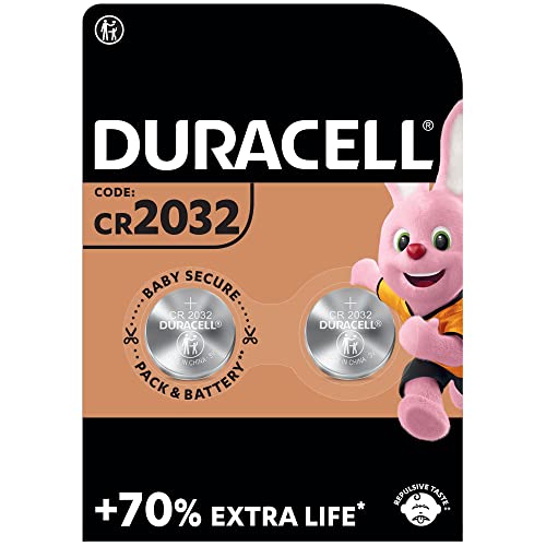 Duracell - Pilas de botón de litio 2032 de 3 V, paquete de 2, Tecnología Baby Secure, uso en llaves con sensor magnético, básculas, elementos vestibles, dispositivos médicos, Cromo (DL2032/CR2032)