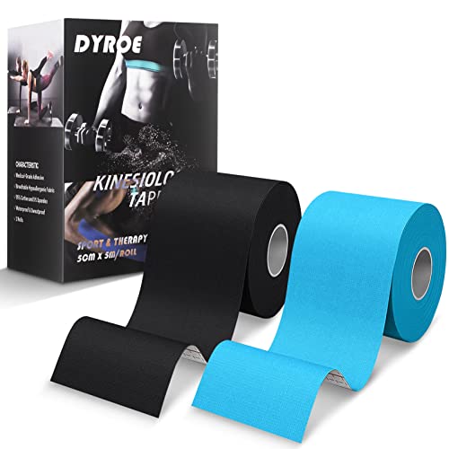 Dyroe Cinta de Kinesiología Tape,Set 2 Rollos 5 m x 5 cm Azul y Negro,Cinta deportiva elástica terapéutica para hombros, rodilla, codo, alivio del dolor, sin látex, resistente al agua, transpirable