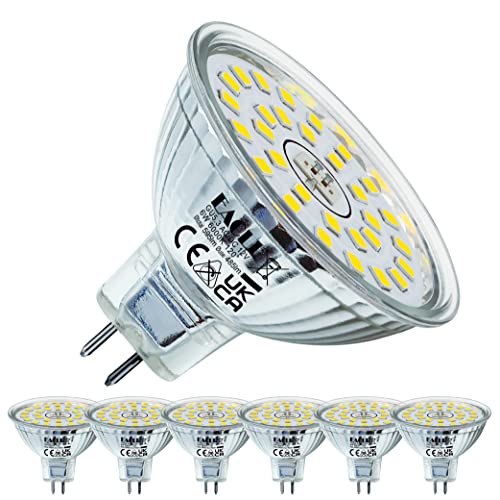 EACLL Bombillas LED GU5.3 Blanco Frío, 6W Equivalente 50W MR16 Halógena, Pack de 6, Focos Sin Parpadeo AC/DC 12V, 6000K 485 Lúmenes 120 ° Spotlight, Lámpara Reflectora no Regulable