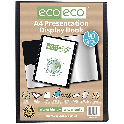 eco-eco A4 50% Reciclada 40 Bolsillo De Color Negro Presentación Libro de Exhibición, eco004