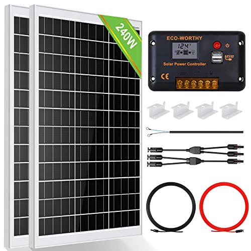 ECO-WORTHY Kit Panel Solar 12V/24V 240W Sistema Placa Solar 1KWH/DAY: 2 Paneles Solares Monocristalinos 120W + 1 Controlador PWM 30A + Cable de Extensión Solar para Caravana, RV, Barco