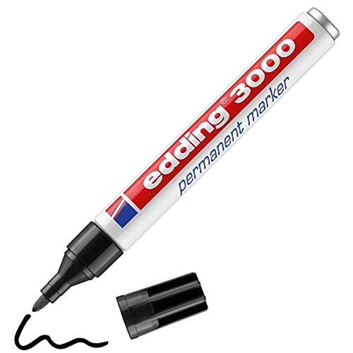 edding 3000 marcador permanente - negro - 1 rotulador - punta redonda 1,5-3 mm - indeleble de secado rápido - resistente al agua y a los borrones - cartón, plástico, madera, metal, tela