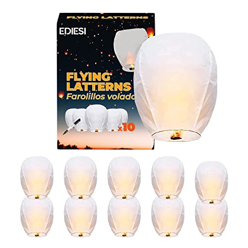 Ediesi, Farolillos Voladores de Papel, 10 Unidades, 100% Biodegradables, Velas Voladoras Chinas, Farol Volador, Sky Lanterns, con Rotulador para Escribir Deseos