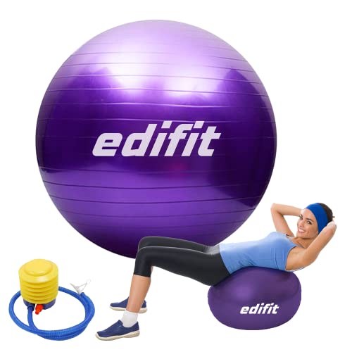 EDIFIT, Pelota de Pilates, 55,65 y 75, Ejercicio en Casa, Incluye Hinchador, Fitball, Embarazadas, Accesorios Yoga, Gimnasio, Varios Tamaños (55cm, Violeta)