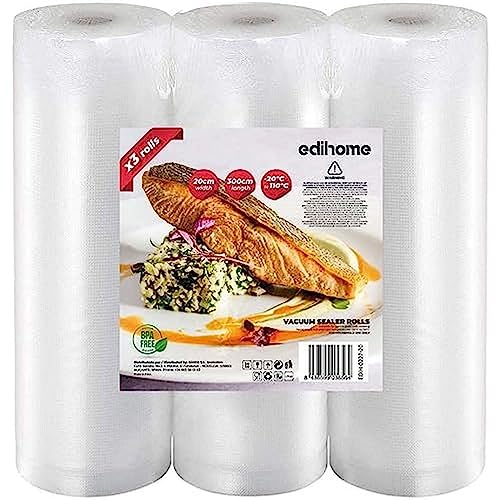 Edihome, Bolsas Vacio Alimentos, 20x300cm, 3 Rollos, Bolsas para Envasar al Vacio Alimentos, Conservación, Envasadora al Vacio, BPA Free, Sous, Vide (3 Rollos 20cmx3m)