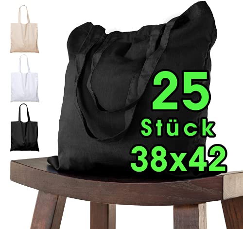 ELES VIDA Bolsa de algodón 38x42 cm 25 piezas sin imprimir, dos asas largas con certificación OEKO-TEX® Bolsa de tela, bolsa de transporte, bolsa de algodón, bolsa de compras, bolsa de yute, Negro