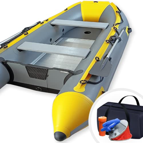 Embarcación neumática de 3,30 m para 5+1 Personas - 330 x 155 cm, máx. 566 kg, Remo de Aluminio, Piso, Bomba de pie, Accesorios - Barco de Motor, Barco de Pesca, Bote, 5 Adultos + 1 niño