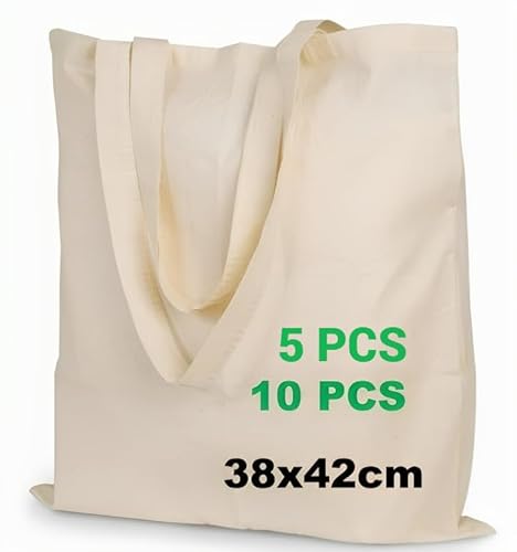 Enviroflex Bolsas de Asas Premium de Lona 100% Algodón, Bolsas de Compra Sostenibles, Ecológicas y Reutilizables con Asas Largas, 38x42 cm (Paquete de 10, Natural)