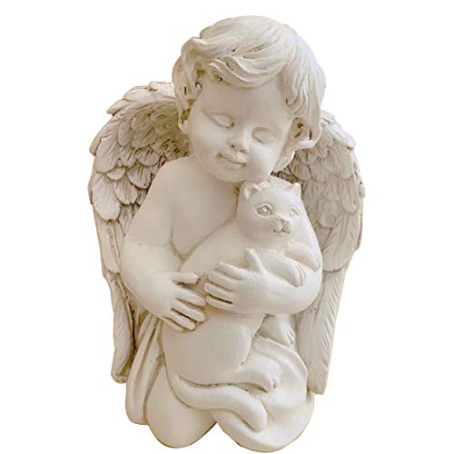 Estatua de ángel de alas sosteniendo un gato fiel recuerdo del ángel de la memoria del gato estatua de jardín para interiores y exteriores, decoración del hogar, jardín, figura de gato, 7 pulgadas