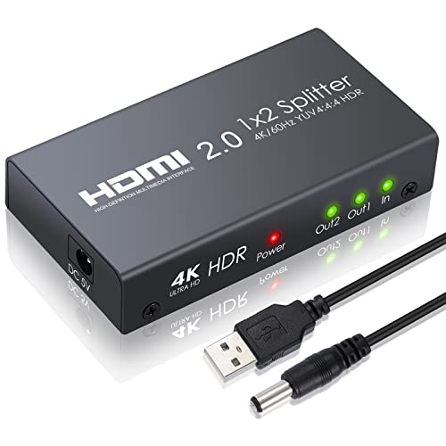 eSynic HDMI 2.0 Splitter 4K 2 Vías 1 en 2 Salida HDMI Amplificador de Distribución Compatible con 4K @60Hz YUV 4:4:4 HDR sin Parpadeo o Resolución para PS4 Pro Sky Box BLU-Ray