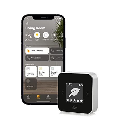Eve Room – Sensor de calidad del aire para interior para registrar la calidad del aire (COV), temperatura y humedad, tecnología Apple HomeKit, Bluetooth, Thread