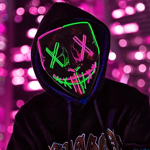 Exslend LED MáScara Halloween, Mascaras de la Purga con 3 Efectos de Luz, Halloween Mascaras LED de Terror para Fiestas de Disfraces Cosplay Carnaval Halloween (Verde+rosa)