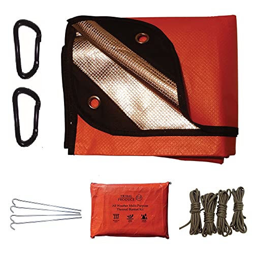 Extra Tough Edition - Kit de manta térmica de emergencia reutilizable multiusos (naranja), manta reflectante de aluminio extra gruesa, 2 mosquetones, 4 clavijas de acero, 4 cuerdas y bolsa impermeable