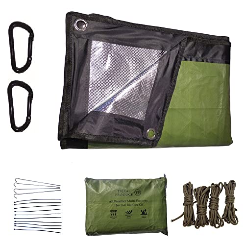 Extra Tough Edition - Kit de manta térmica de emergencia reutilizable multiusos (verde), manta reflectante de aluminio extra gruesa, 2 mosquetones, 4 clavijas de acero, 4 cuerdas y bolsa impermeable