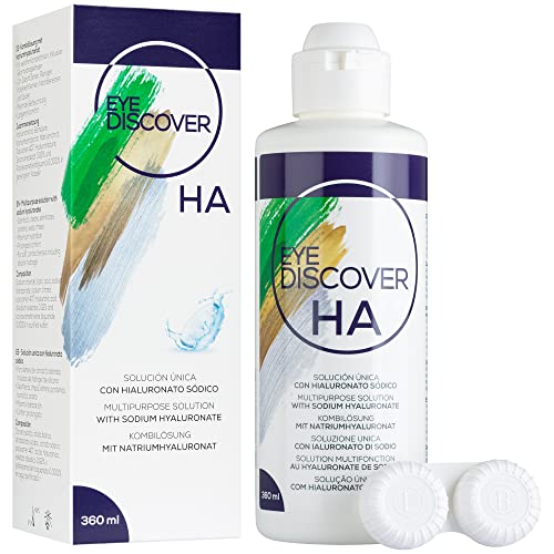 EYE DISCOVER, Líquido Lentillas con Ácido Hialurónico, Solución Única para Lentes de Contacto Blandas, Desinfecta, Elimina las Proteínas, Humecta y Aclara, 1 Botella de 360 ml y 1 Portalentillas