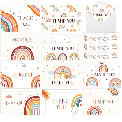 Faccito 30 Sets Tarjetas de agradecimiento de Arcoíris bohemio con Sobres y Pegatinas Tarjetas de felicitación Postal de Nota de Thank You para Baby Shower Cumpleaños Bodas Eventos