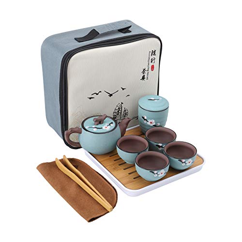 fanquare Portátil Kung Fu Juego de Té con Bolsa de Viaje, Juego de Tazas de Cerámica de Flor de Cerezo Zisha, 1 Tetera, 4 Tazas de Té y 1 Bolsitas de Té