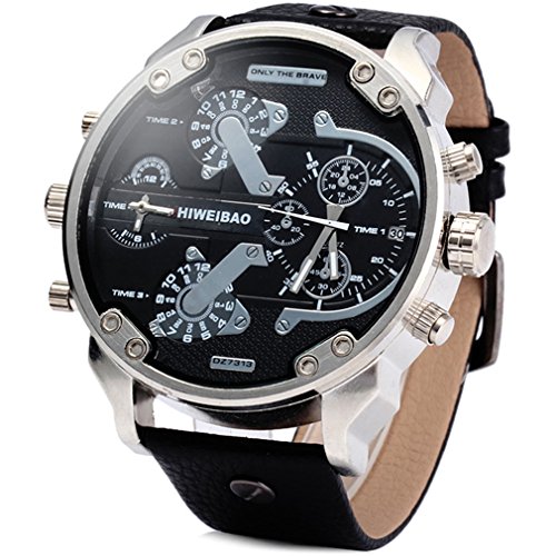 FENKOO Hombre Reloj de Pulsera Cuarzo Calendario/Dos Husos Horarios Piel Banda Negro/Marrón Marca-