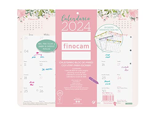 Finocam - Calendario Magnético Nevera 2024 Bloc Design de Pared con Imán para Escribir Enero 2024 - Diciembre 2024 (12 meses) Español, 250x200 mm