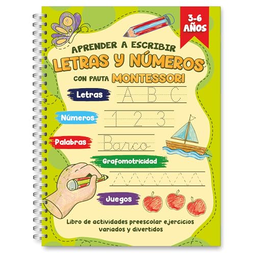 Finoly Cuaderno Aprender a Escribir Letras y Números Pauta Montessori -Niños 3 a 6 años- Libro Caligrafía Preescritura Lectoescritura Actividades y Ejercicios: Letras Números Palabras Grafomotricidad