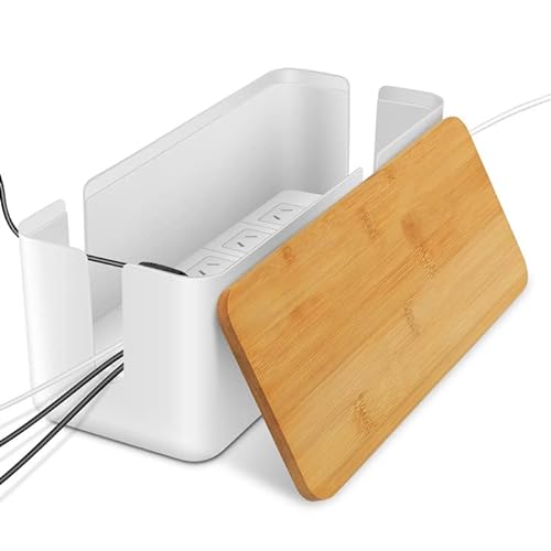 Firschoie Caja de Gestión de Cables con Tapa de bambú, Caja de Almacenamiento para Ocultar y Organizar el cableado de computadora (Blanco)